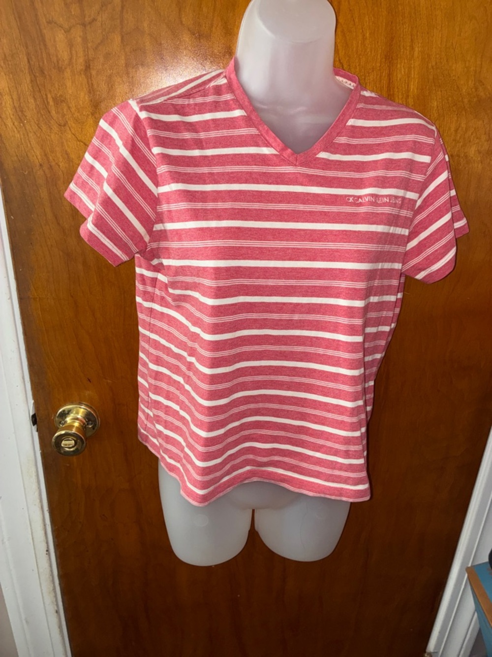 Calvin Klein Jeans Pink and White Striped V-Neck Tee